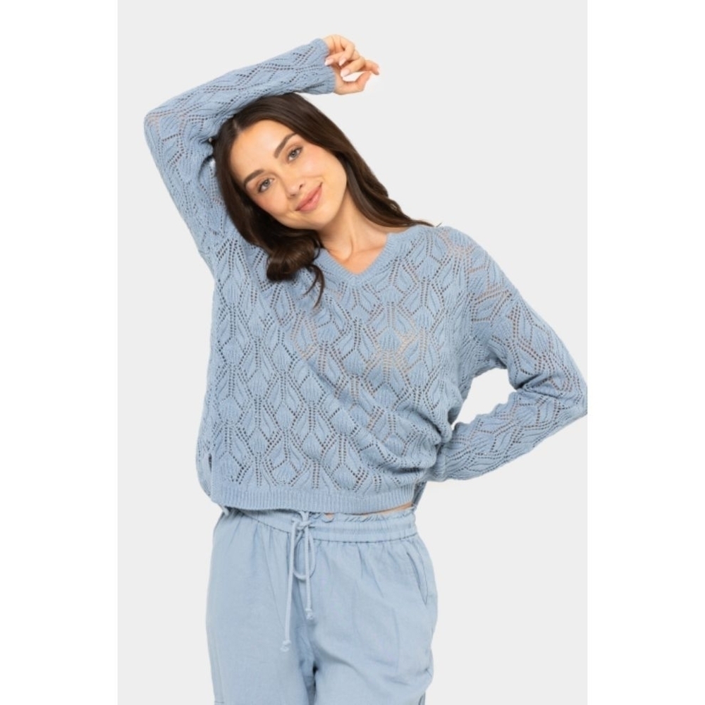 NWT Peace Love World Boheme Open-Stitch Novelty Sweater Cloud Blue